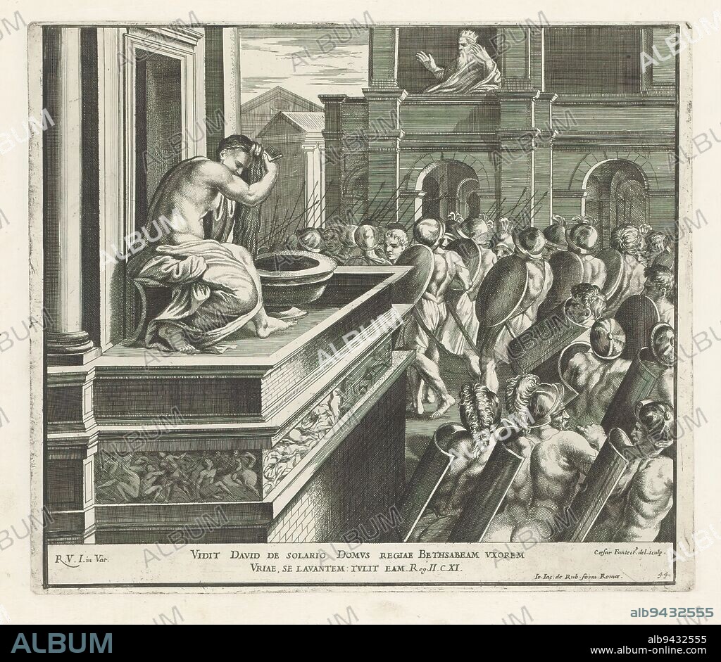 David spies on Batseba, Raphael Bible (series title), Paintings in Raphael's Loggia (series title), Imagines Veteris ac Novi Testamenti (series title), The naked Batseba bathes. King David spies on her from his palace. A crowd of soldiers walks down the street. Bible verse below the image. Print is part of an album., print maker: Pietro Aquila, (mentioned on object), after drawing by: Pietro Aquila, (mentioned on object), after painting by: Rafaël, (mentioned on object), print maker: Italy, after drawing by: Italy, after painting by: Vaticaanstad, publisher: Rome, Vaticaanstad, 1675, paper, etching, height 244 mm × width 282 mm.