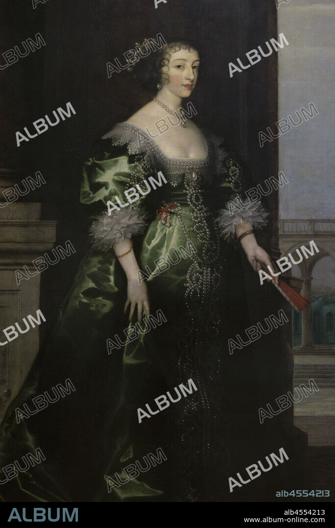 UNKNOWN ARTIST.. Enriqueta María de Francia (1609-1669). Reina consorte de Inglaterra, Escocia e Irlanda. Esposa del rey Carlos I de Inglaterra. Retrato por un autor desconocido. Fondo por Hendrik van Steenwyck el Joven (h. 1580-1649). Oleo sobre lienzo (215,9 x 135,2 cm), h. 1635. Detalle. National Portrait Gallery. Londres. Inglaterra.