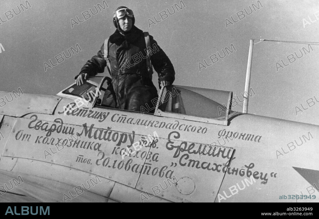 World War Two. The 'X' air unit of the Guards received this plane purchased by Soviet patriot collective farmer Ferapont Golovaty. The plane has been placed at the disposal of Major B.N. Eremin (Yeremin) who accounts for 7 enemy planes brought down personally and 14 destroyed in group combats. 'To the pilot of the Stalingrad Front, Major of the Guards, comrade Eremin, from collective farmer of the Stakhanovets Kolkhoz, comrade Golovaty.'.