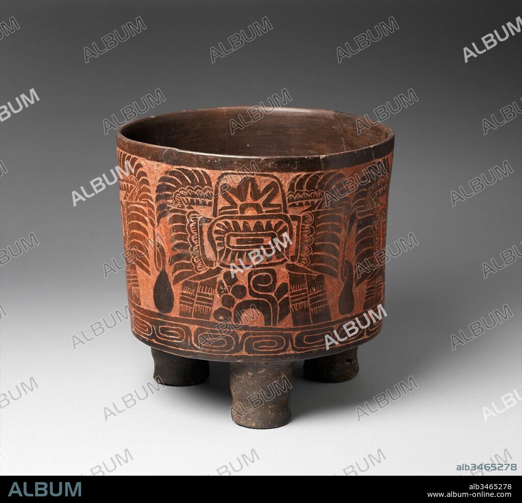 Tripod Vessel, 4th–5th century, Mexico, Mesoamerica, Teotihuacan, Ceramic, red ochre, H. 9 5/8 x Diam. 9 5/8 in. (24.4 x 24.4 cm), Ceramics-Containers, Bowls with three sturdy feet and more or less straight sides are so identified with central highland Teotihuacan that their presence anywhere else in Mexico is considered evidence of the great city's influence.