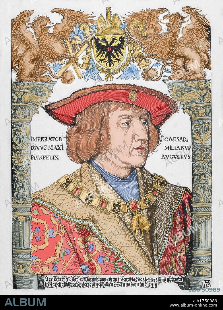 MAXIMILIANO I (Wiener Neustadt, 1459-Wels, 1519). Emperador germánico (1443-1519). Grabado por Alberto DURERO. Coloreado.