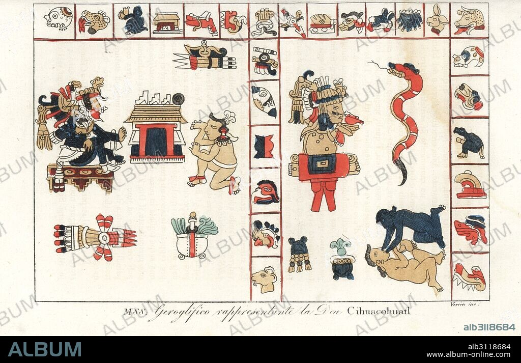 Aztec hieroglyphs depicting the god Cihuacoatl, snake woman and fertility goddess. Handcoloured copperplate engraving by Verico from Giulio Ferrario's Ancient and Modern Costumes of all the Peoples of the World, Florence, Italy, 1843.