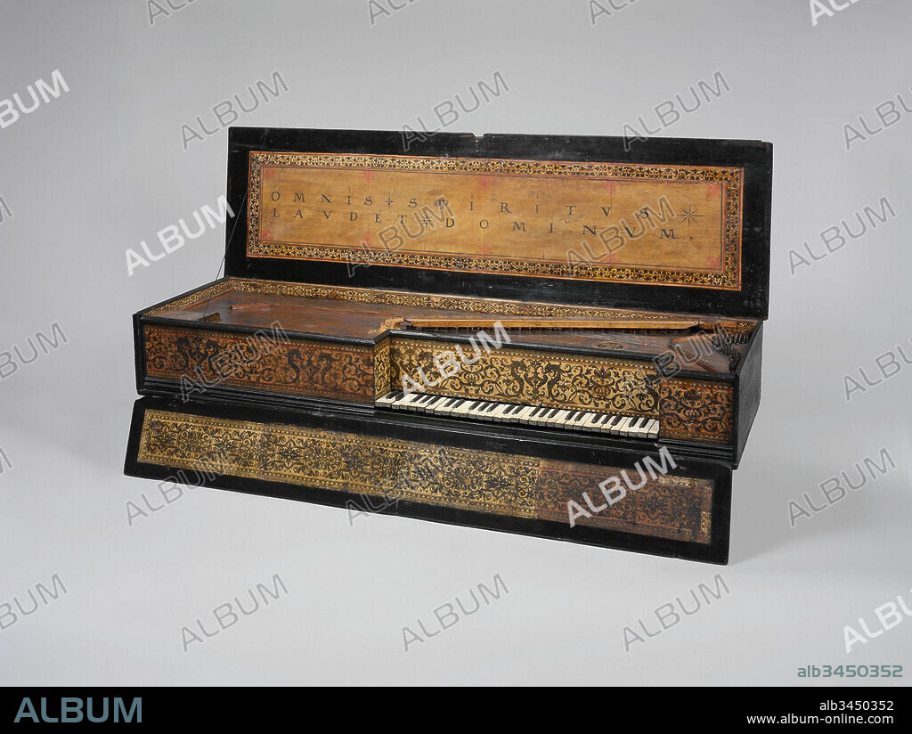 Muselar Virginal, 1622, Belgium, Flemish, Wood, paint, bone, metal, beech, leather, Height: 9 7/16 in. (24 cm), Chordophone-Zither-plucked, Joannes (Jan) Ruckers (Flemish, Antwerp 1578–1642 Antwerp), Joannes (Jan) Ruckers was the oldest son of Hans Ruckers who built the extraordinary 'mother and child' virginal. After training in his father's workshop, Joannes became a master and joined the Guild of St.