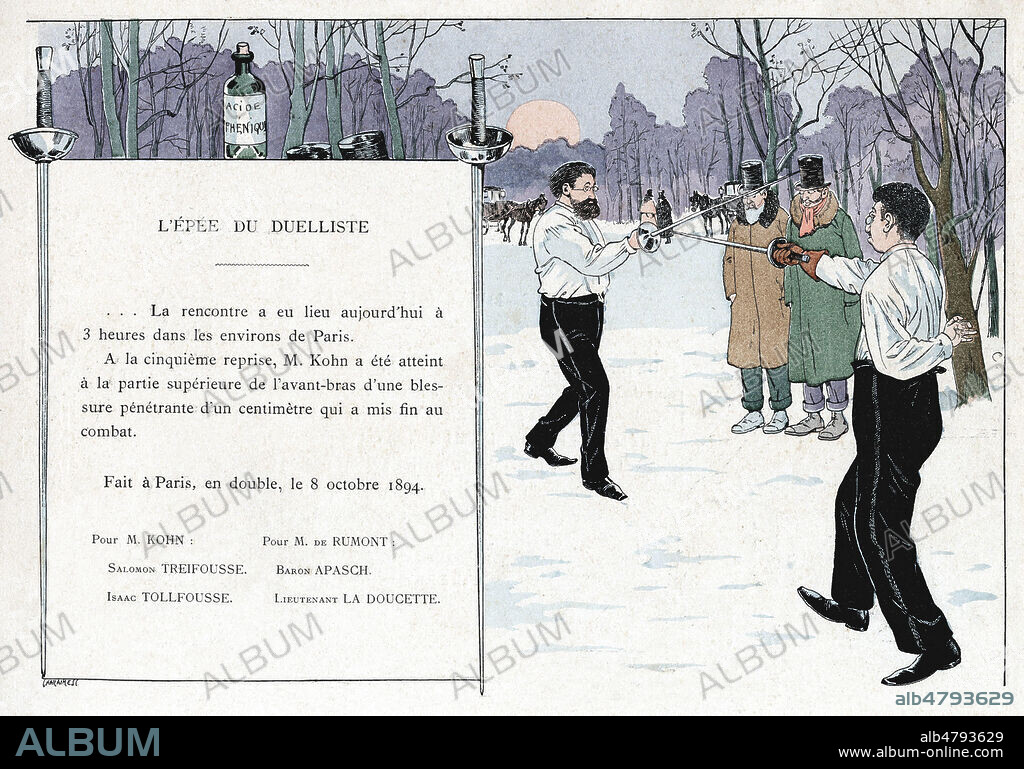 L'epee du duelliste. (Caricature deguisee et antisemite avec Edouard DRUMONT et Alfred DREYFUS. JOB fut antidreyfusard, mais c'est l'unique fois ou il fait reference a l'Affaire, en novembre 1894, juste apres l'arrestation de Dreyfus). Illustration de 1894 par JOB (1858-1931) pour son ouvrage Les Epees de France. Credit : Collection Kharbine-Tapabor.