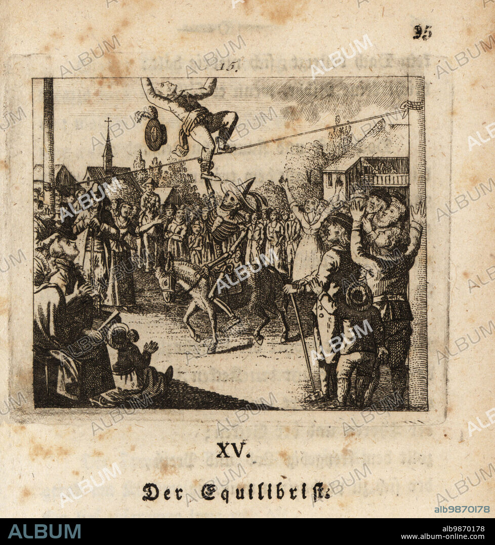 The skeleton of Death, Freund Hans, pulls a tightrope walker to his death, 18th century. The skeleton rides a donkey and pulls the acrobats leg. A large crowd watches the performance on a village green. The acrobat. Der Equilibrist. Copperplate engraving by Johan Georg Mansfeld after an original by Johann Rudolf Schellenberg from Johan Kark Musauss Freund Heins Erscheinungen in Holbeins Manier, (Apparitions of Death in the manner of Holbein) Mannheim, 1803.