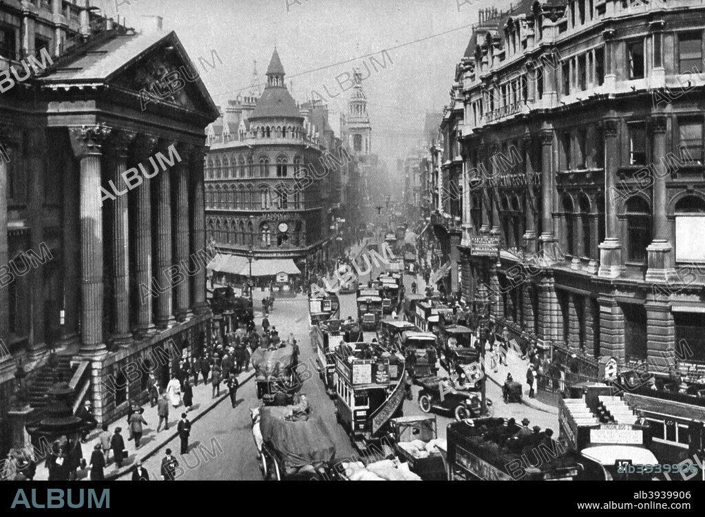 Mansion House, London, 1926-1927. Mansion House is the official residence of the Lord Mayor of the City of London. It was built in Palladian style between 1739 and 1752 to a design by George Dance the Elder. Looking down Cheapside you can see the spire of Bow Church, built by Wren. Illustration from Wonderful London, edited by Arthur St John Adcock, Volume I, published by Amalgamated Press, (London, 1926-1927).