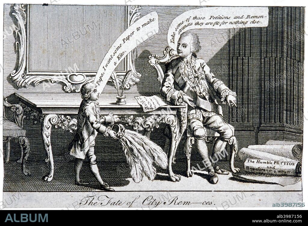 'The fate of City Rem-ces', 1770. King George III seated at a table; at his foot lie various papers inscribed Humble petition and remonstrance. On the left the child Prince of Wales doffs his crown and feathers and asks his father for paper to make a kite. The king points to the petitions.