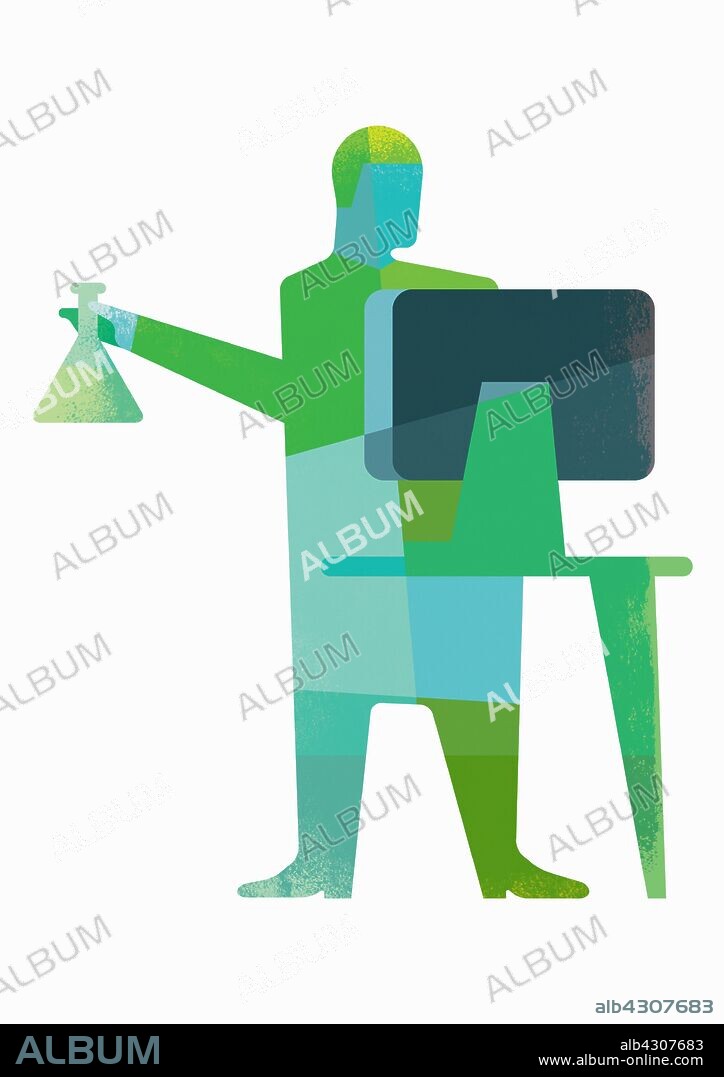 Scientist holding chemistry beaker using computer.