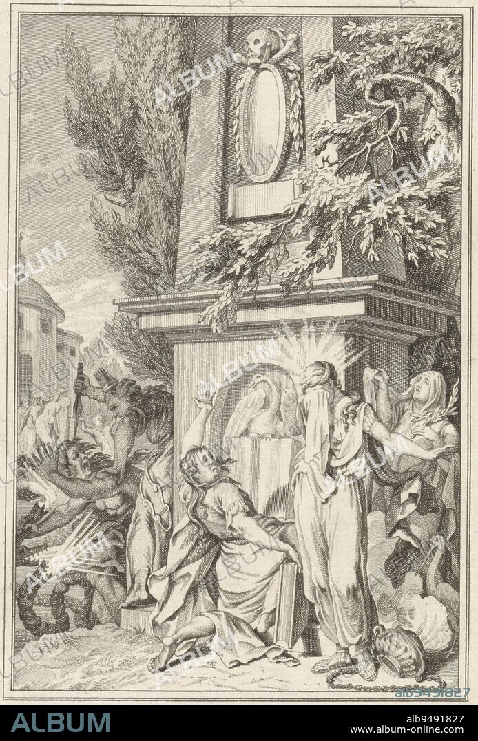 Allegorical funerary monument to the preacher Lucas Reeder In front of the memorial, which is decorated with a swan and a skull, are personifications of Sorrow, Faith and Allegiance To the right is a stork and an overturned censer On the left, the personification of Envy is stabbed, Tomb monument for Lucas Reeder, print maker: Theodoor Koning, Pieter Wagenaar (II), Amsterdam, 1779, paper, engraving, h 192 mm × w 133 mm.