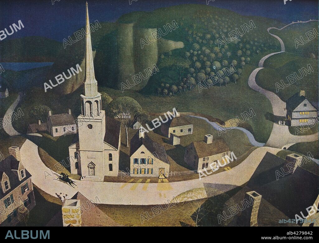 GRANT WOOD. 'The Midnight Ride of Paul Revere', 1931, (1943). Depiction of the legendary journey of American patriot Paul Revere from Boston to Lexington in 1775, to bring news that regular troops were about to march into the countryside northwest of Boston. From "The Studio", Volume 125. [The Offices of the Studio, London & New York, 1943].