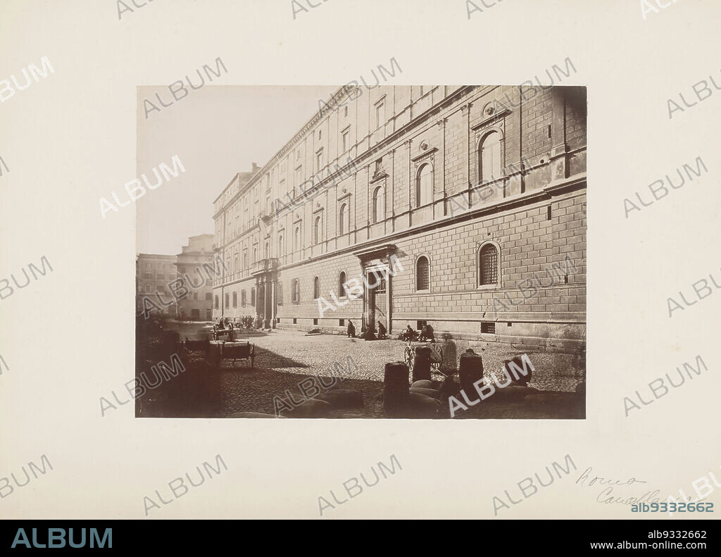 Exterior of the Palace of the Chancellery in Rome, Italy, Palazzo della Cancelleria Roma (title on object), anonymous, Rome, 1851 - 1900, paper, cardboard, albumen print, height 317 mm × width 444 mm.