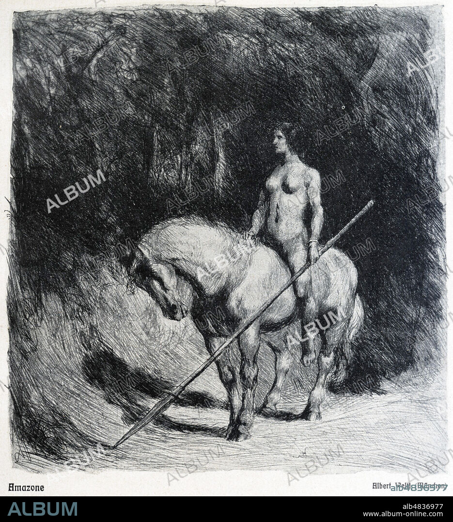AMAZONE nue sur un cheval, avec une lance, Illustration de Albert WELTI (1862-1912) dans le magazine illustre allemand JUGEND, 1905. Document original conserv ds nos locaux. Credit COlleciton KHARBINE TAPABOR.