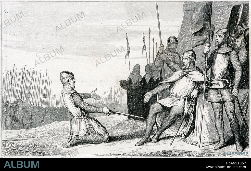 Henri Ier, vainqueur de son frere Robert le Vieux, lui pardonne et lui cede le duche de Bourgogne (1031), il devient Robert Ier, premier duc capetien de Bourgogne. Gravure in Histoire de France par COLART, vers 1880. Credit : Collection KHARBINE-TAPABOR.