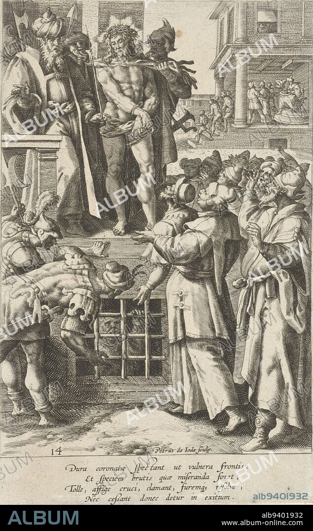 Pilate, standing on the balcony of his palace, shows Christ to the people. In the foreground, two soldiers stand bowed at a prisoner in a dungeon. In the background, Pilate washes his hands. In the margin a four-line caption in Latin. Fourteenth print in a series of twenty-four depicting the birth and passion of Christ. Christ shown to the people Birth and passion of Christ Dominicae passionis mysteria typicis adumbrationibus adamussim effigiata , print maker: Pieter de Jode (I), (mentioned on object), intermediary draughtsman: Maerten de Vos, Antwerp, 1590 - 1632, paper, engraving, h 201 mm × w 126 mm.