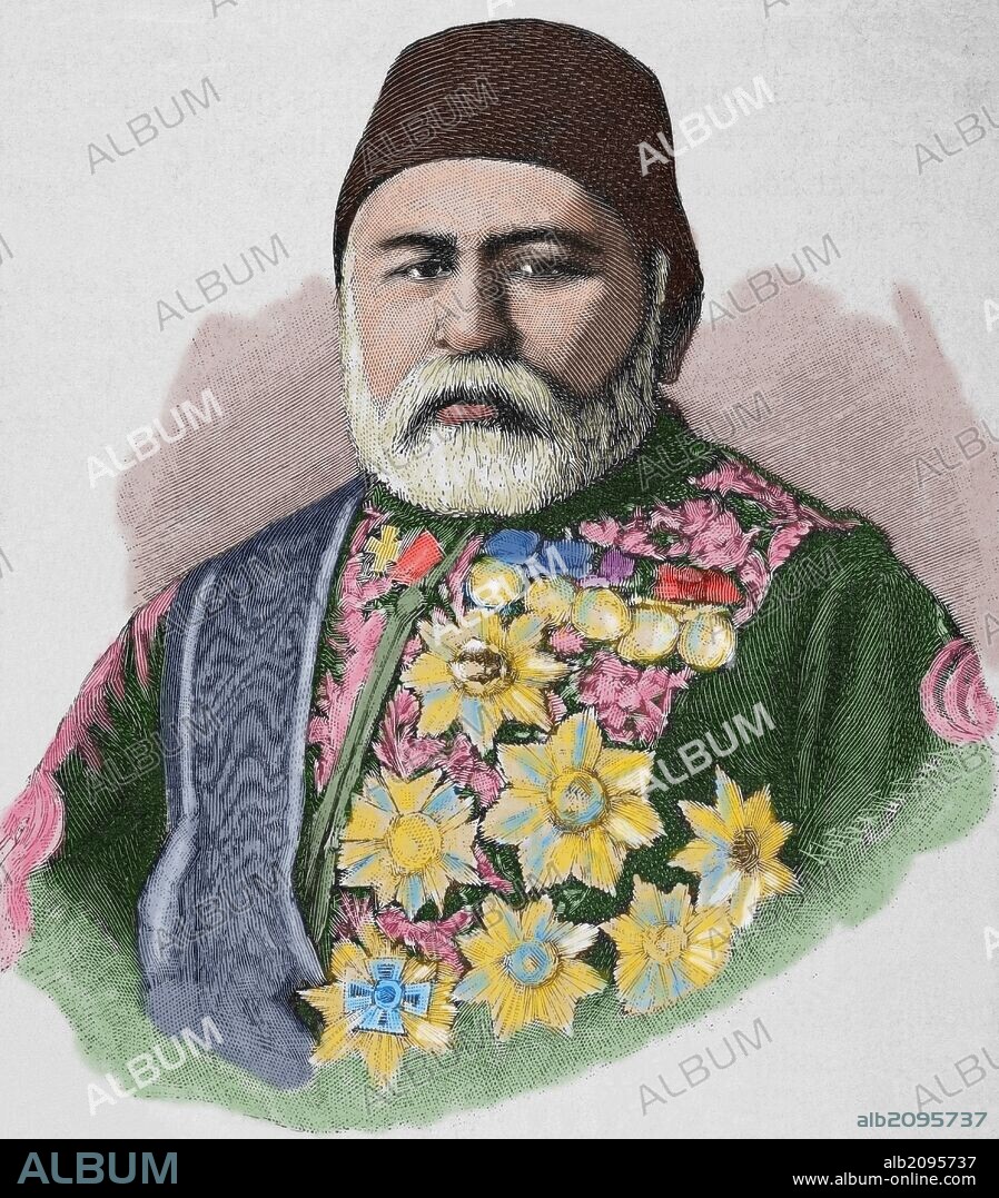 Hussein Awni pasha (Dostköy, 1819-Estambul, 1876). Estadista y general turco. Ministro de Guerra de 1869-1871 y 1876. Gran visir de 1874-1876. Encabezó la revolución palaciega que acabó con Abdul-Aziz. Fué asesinado poco después. Grabado por Klose. "Nuestro Siglo", año 1883. Coloreado.