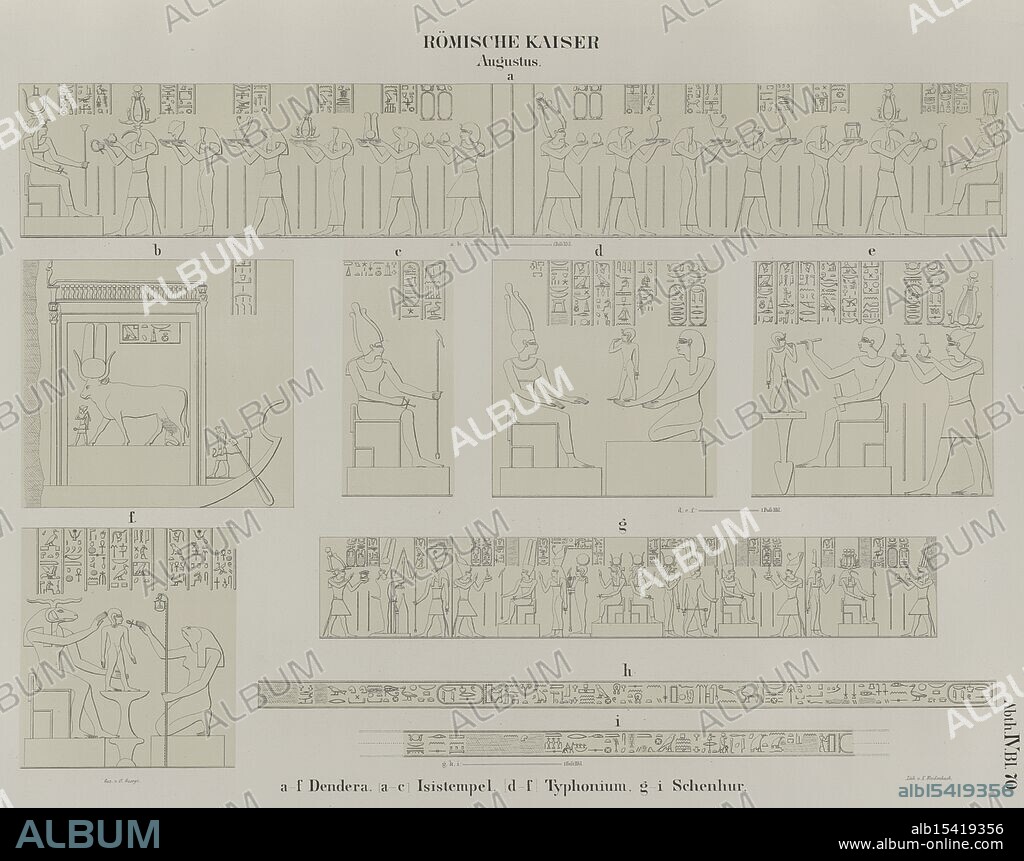 Römische Kaiser. Augustus. a-f. Dendera Dandara. a-c Isistempel, d-f Typhonium, g-i Schenhur., Georgi, Otto (1819-1874), Date Created: 1849 - 1856, Place: Berlin, Publisher: Nicolaische Buchhandlung, Egypt, Antiquities, Temples, Egypt, Augustus, Emperor of Rome, 63 B.C.-14 A.D., Cows, Egypt, Votive offerings, Egypt, History, 30 B.C.-640 A.D, Gods, Egyptian, Extent: Nine images on one page., Ancient stones remain, Egypt's secrets whispering, Augustus' pride falls.