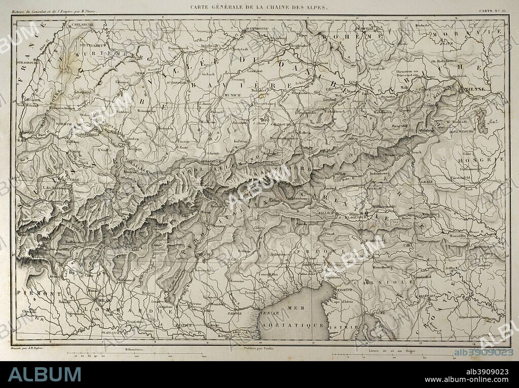 Map of mountain range of the Alps. Atlas de l'Histoire du Consulat et de l'Empire. History of the Consulate and the Empire of France under Napoleon by Marie Joseph Louis Adolphe Thiers (1797-1877). Drawings by Dufour, engravings by Dyonnet. Edited in Paris, 1864.