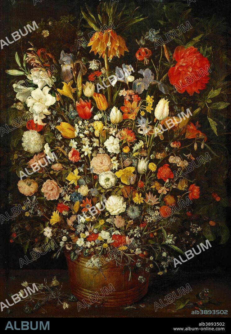 JAN BRUEGHEL DER ÄLTERE. Flowers in a Wooden Vessel. Date/Period: 1606 - 1607. Painting. Oil on wood. Height: 980 mm (38.58 in); Width: 730 mm (28.74 in).
