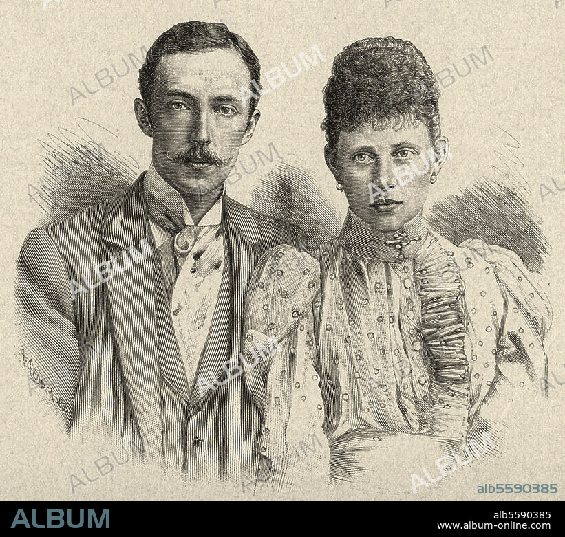 Friedrich Karl, Prinz von Hessen; geb. 1.5.1868 Schloß Panker. - "Prinz Friedrich Karl von Hessen und seine Gemahlin Prinzessin Margarete von Preußen". (Prinzessin Margarete, 1872-1954, Tochter von Kaiser Friedrich III. und Viktoria). Holzstich, 1893, nach Photographie.