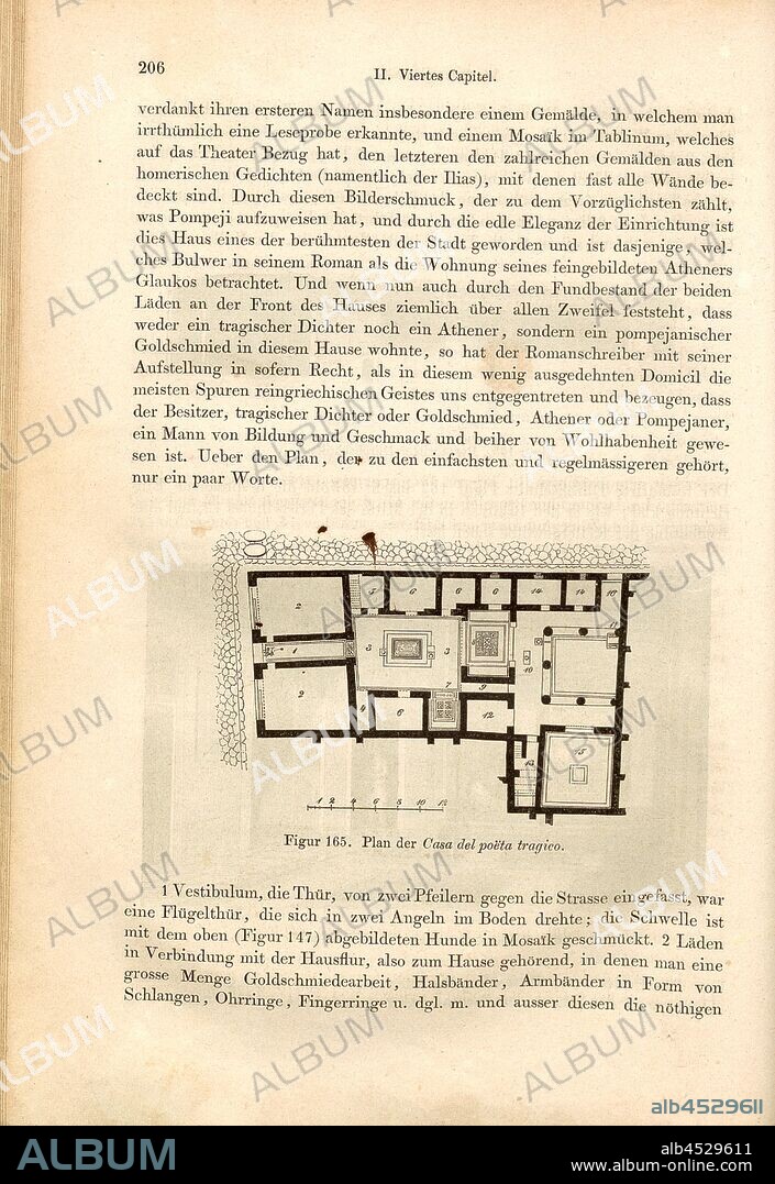 Plan der Casa del poëta tragico, Floor plan of a house in Pompeii, Fig. 165, p. 206, 1856, Johannes Overbeck: Pompeji in seinen Gebäuden, Alterthümern und Kunstwerken [...]. Leipzig: Verlag von Wilhelm Engelmann, 1856.