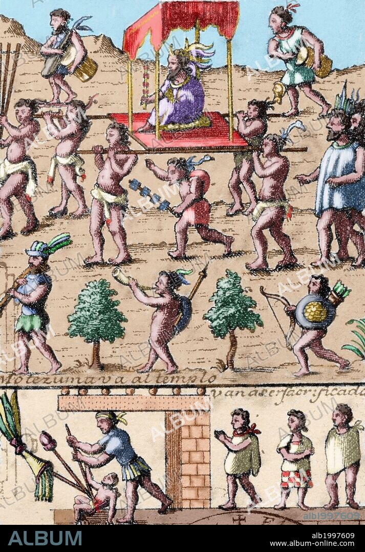 MOCTEZUMA II (1467-México,1520). Noveno "thatoani" o rey de México-Tenochtitlan (1502-1520). Grabado coloreado del 1726 con la representación de "MOCTEZUMA DIRIGIENDOSE AL TEMPLO, RODEADO DE DONCELLAS VIRGENES QUE VAN A SER SACRIFICADAS A LOS DIOSES". Quinta Carta-Relación de Hernán Cortés al Emperador Carlos V. 3 de Septiembre de 1526.