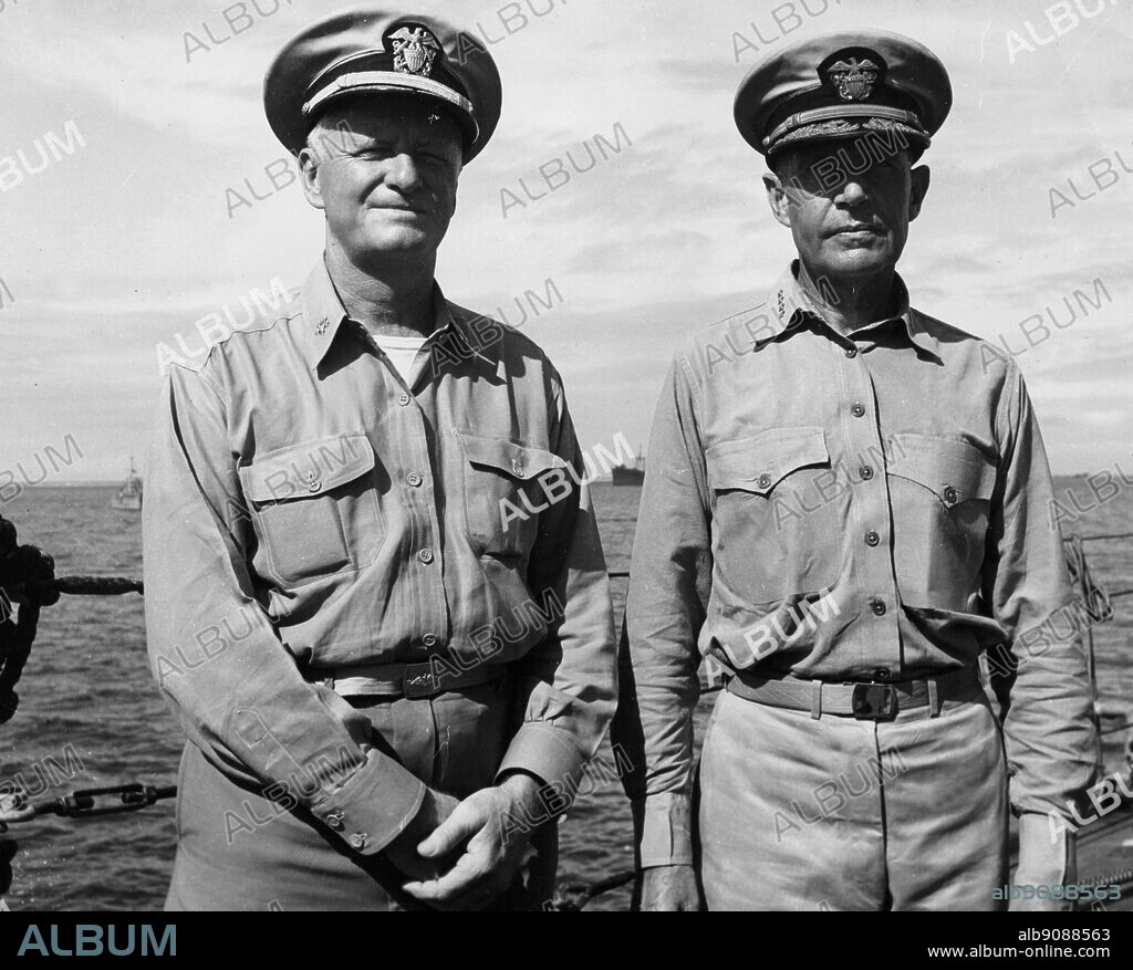 WW2: Vice-Admiral Raymond A. Spruance and Fleet Admiral and Chester W. Nimitz on board USS Indianapolis (CA-35). Feb. 1945.