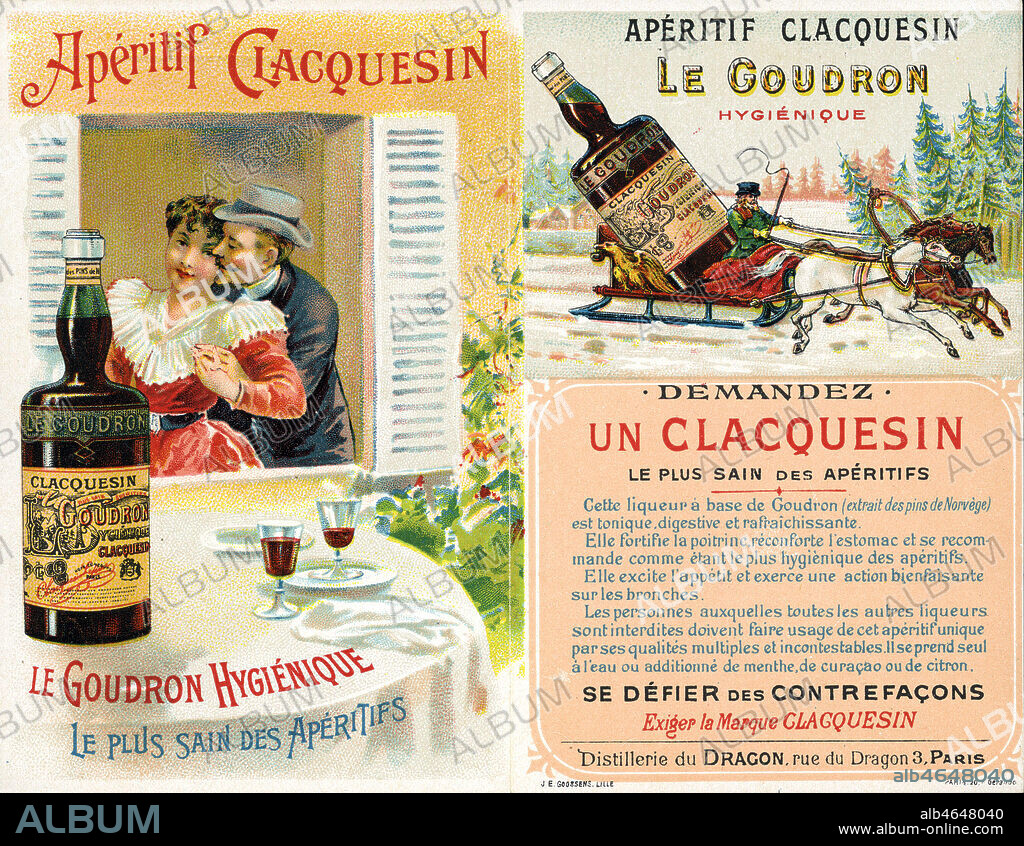 'Aperitif clacquesin, le goudron hygienique'. Illustration anonyme, publicite pour un aperitif, vers 1900. Credit : Collection IM/KHARBINE-TAPABOR.
