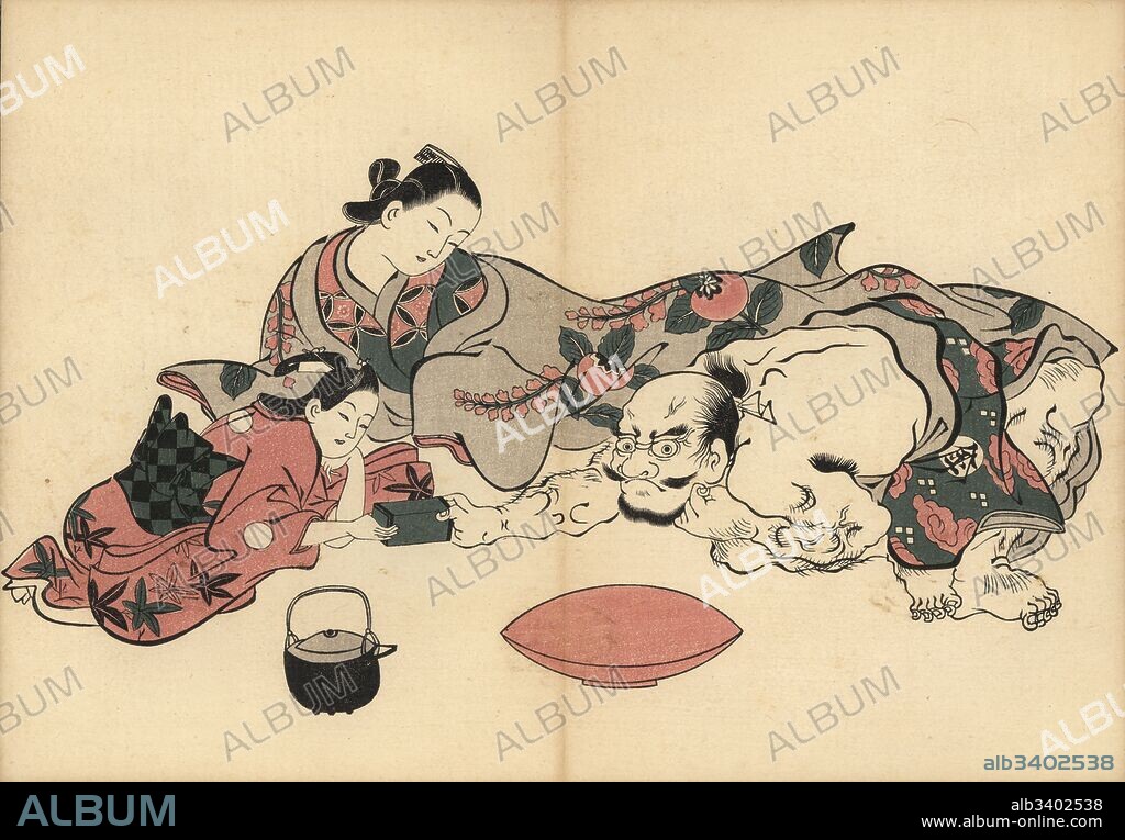 Oiran courtesan watching a trial of strength between her kamuro (maid) and Kinpira the famous strong man. A jug of sake and drinking bowl in front. Woodblock print by Masanobu Okumura (1686-1764) from Fuzoku Emakimono, Picture Scroll of the Water Trade, Tokyo, reprint circa 1880.