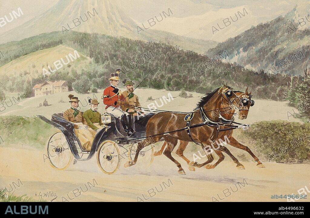 HEINRICH GOTTFRIED WILDA. Emperor Franz Joseph I of Austria and Archduke Franz Ferdinand in hunting garb in a carriage.