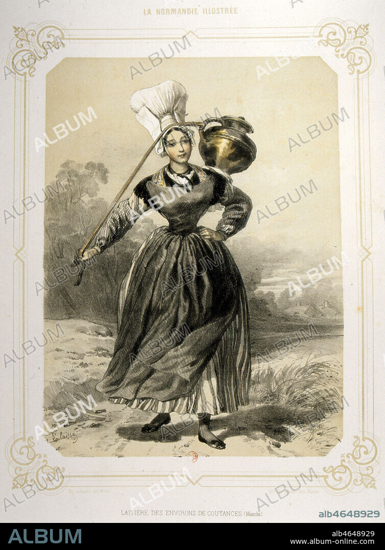 'T.I Laitiere des environs de Coutances (Manche)' Lithographie de Francois Hippolyte LALAISSE (1810-1884) de 1852 a Nantes pour l'ouvrage 'La Normandie illustree' (XIXeme s., 19eme s., 19e s.) Credit : JEAN VIGNE/ KHARBINE TAPABOR.