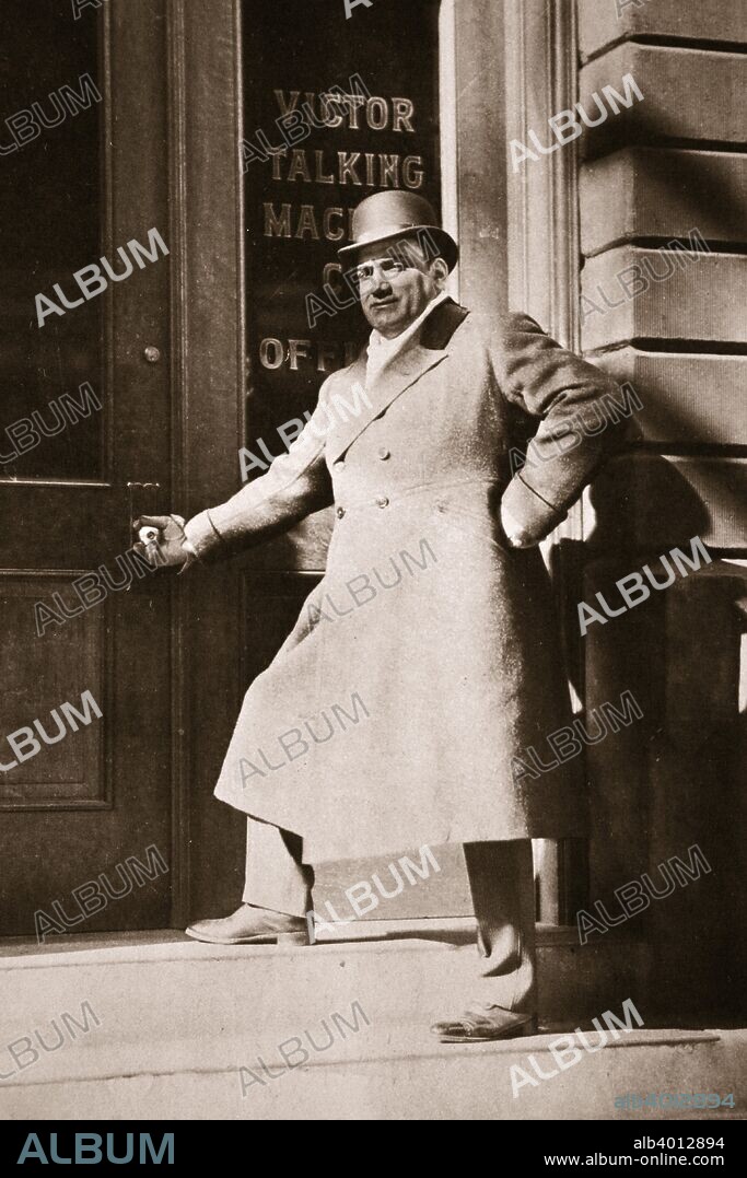 Enrico Caruso, Italian opera singer, USA, 6 November, 1909. Caruso (1873-1921) was famed for his tenor voice. He is shown entering the Victor Talking Machine Company's offices, for whom he recorded from 1904-1920, to make some records.