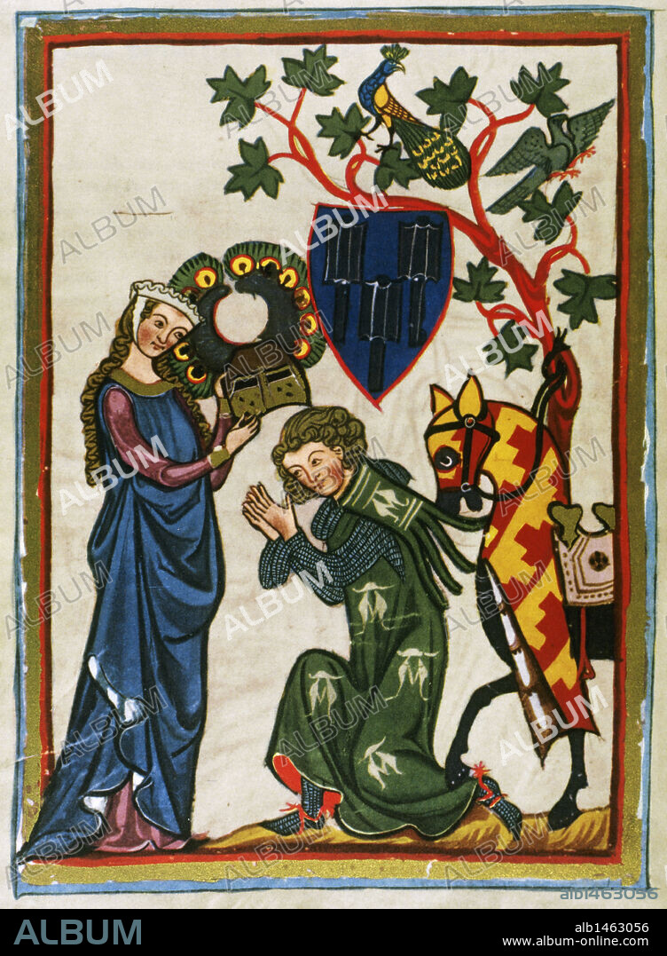 CODICE MANESSE. Realizado hacia 1300 por Rudiger Manesse y su hijo Johanes. Está dedicado al rey de Bohemia Venceslao II (1271-1305) y recoge todo tipo de canciones de los trovadores. "DER SCHENK VON LIMBURG, MINISTERIAL SUABO (mitad s. XIII) SE DESPIDE DE SU DAMA ANTES DE PARTIR". Fol. 82v. Biblioteca Universitaria. Heidelberg. Alemania.