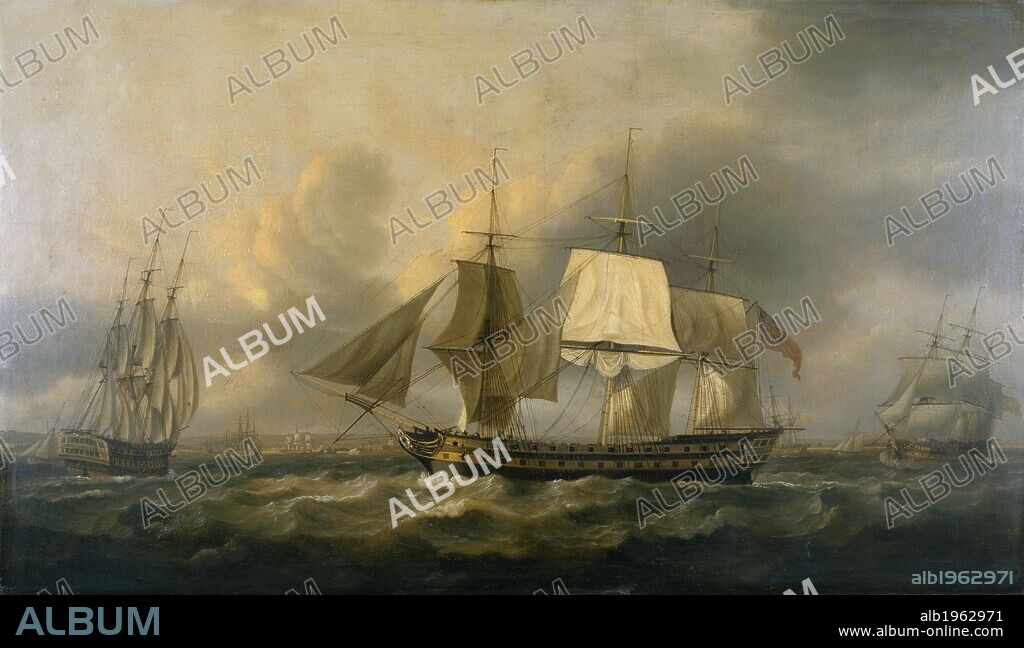 THOMAS LUNY. The 'Earl of Abergavenny' in full sail. Oil painting. . The 'Earl of Abergavenny'. 1801. The 'Earl of Abergavenny', East Indiaman, off Southsea, 1801    Inscribed: â€˜T Luny, 1801â€™    34 by 60 ins (86.5 by 152 cms)    Purchased from R. Wordsworth-Smith, 1896    This vessel (1,200 tons), was wrecked on Portland Shambles, 5 February, 1805, with the loss of nearly 300 persons and a cargo valued at Â£200,000. The captain, who went down with it, was John Wordsworth, younger brother of the poet, who alludes to him in his â€˜Lines onâ€™ a â€˜picture of Peel Castle in a storm,â€™ and again in â€˜The fir grove pathâ€™ and â€˜Nature and theâ€™ â€˜poet.â€™ He had previously commanded the same ship in Danceâ€™s action. Source: Foster 59.