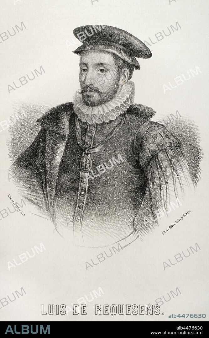 Luis de Requesens y Zúñiga (1528-1576). Militar, marino, diplomático y político español, gobernador del Estado de Milán (1572-1573) y de los Países Bajos (1573-1576). Dibujo por Llanta. Litografía. Crónica General de España, Historia Ilustrada y Descriptiva de sus Provincias. Tomo Asturias, y León, 1867. Biblioteca Histórico Militar de Barcelona, Cataluña, España.