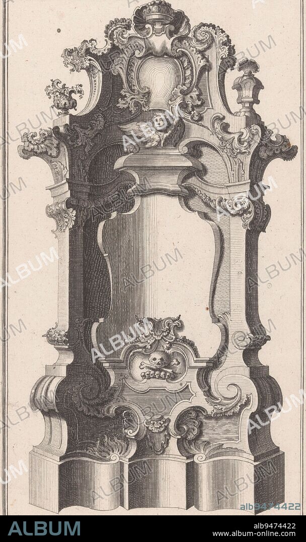 Design with skulls and vases, Balthasar Sigmund Setletzky, after Christian Friedrich Rudolph, 1724 - 1754, Design for an altar or epitaph with rocaille ornaments and at the bottom skulls. At the top rocaille vases and a putto head with wings., print maker: Balthasar Sigmund Setletzky, Christian Friedrich Rudolph, erven Jeremias Wolf, Augsburg, 1724 - 1754, paper, etching, engraving, h 334 mm × w 193 mm.
