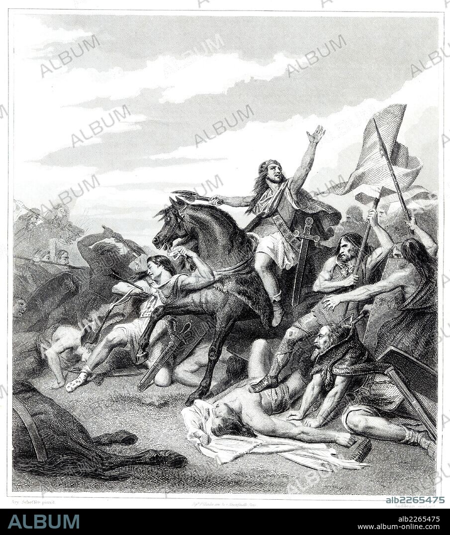 Francia. Batalla de Tolbiac. Los francos de Sigiberto vencen a los alamanes en el año 496. Grabado de 1853.