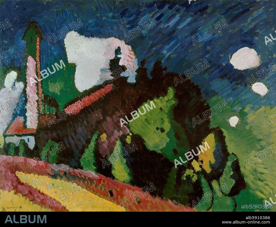 WASSILY KANDINSKY. Kandinsky, Wassily. 1866-1944. "Landscape with Tower", Summer 1908. Oil on cardboard, 75.5 × 99.5 cm. Neuilly-sur-Seine, Nina kandinsky collection.
