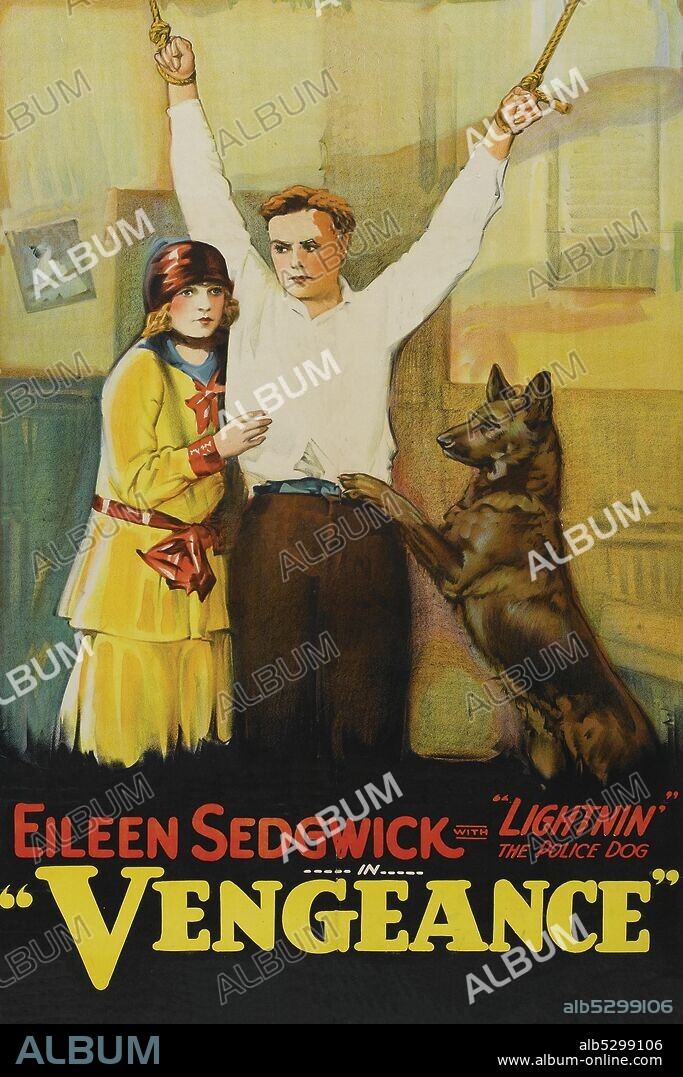 Girl touches a young man whose hands are tied by ropes to the ceiling; a German shepherd paws at him.