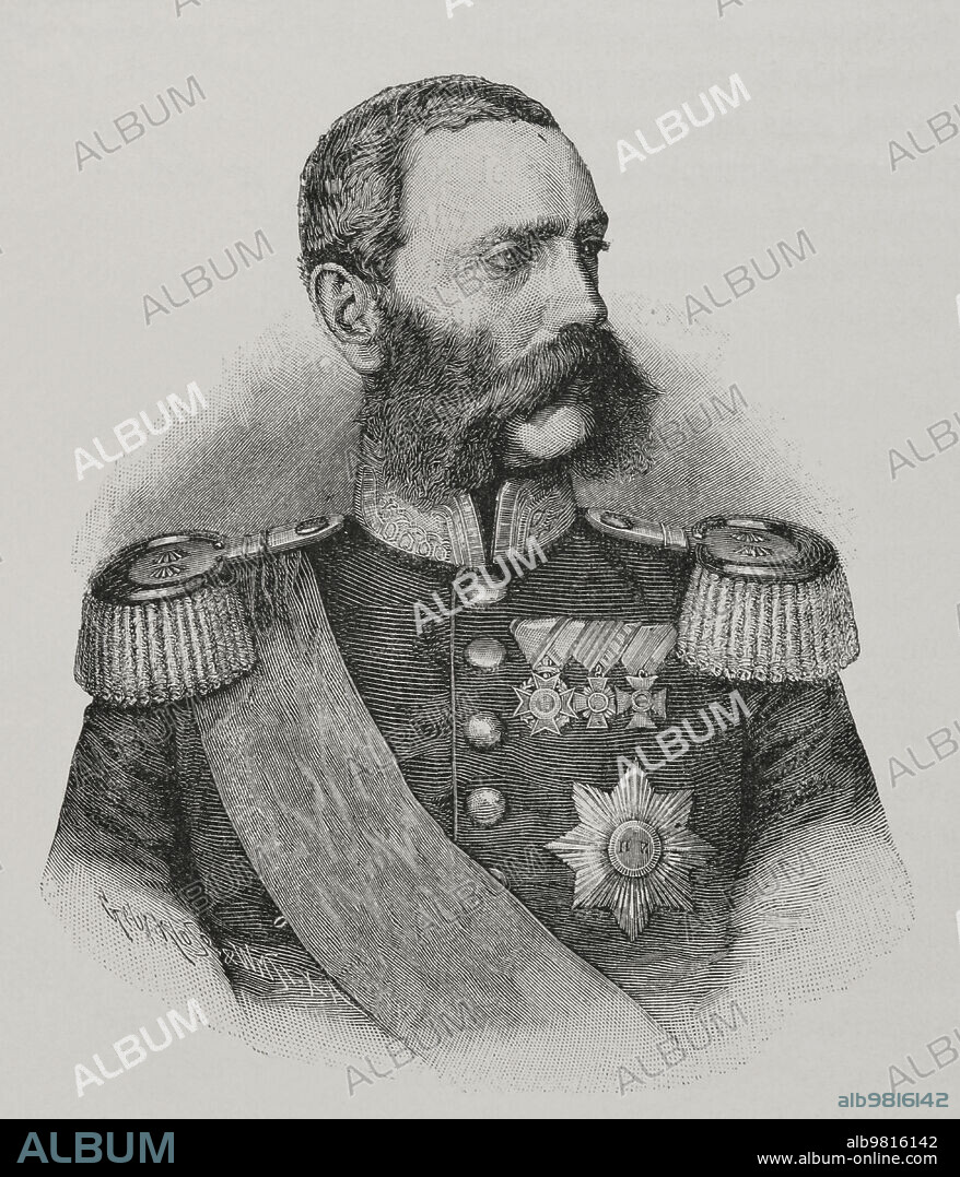 Alberto I de Sajonia (1828-1902). Príncipe heredero. Rey de Sajonia (1873-1902). Retrato. Grabado. "Historia de la Guerra Franco-Alemana de 1870-1871". Publicada en Barcelona, 1891.