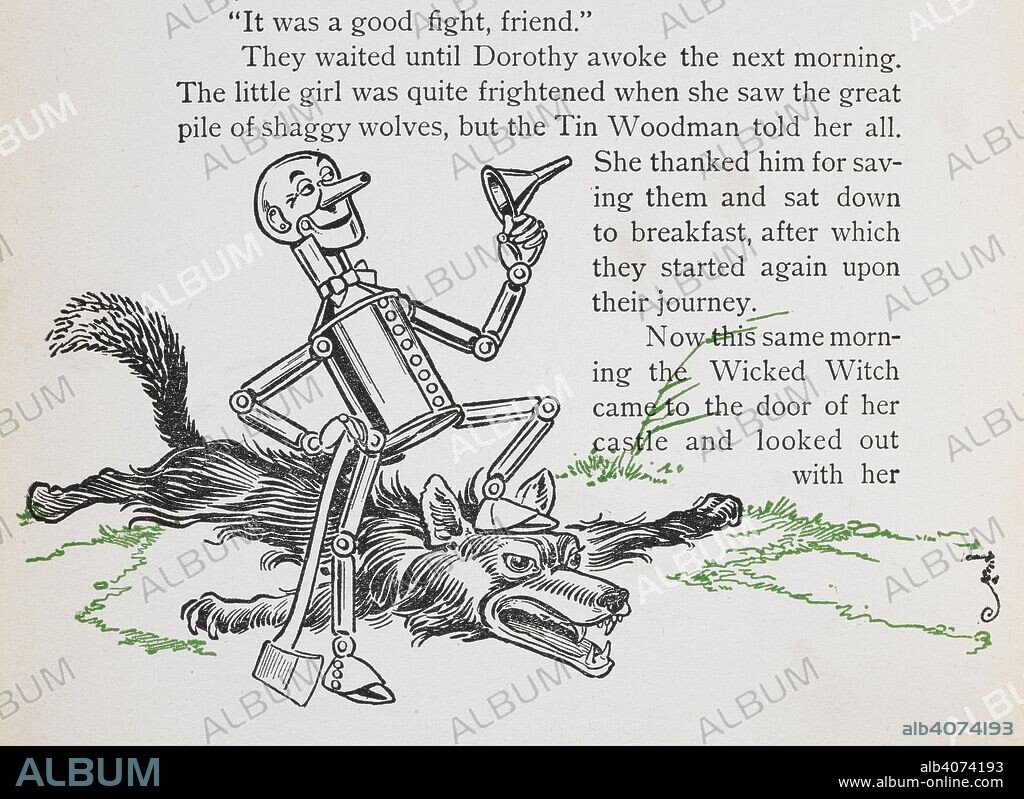 LYMAN FRANK BAUM and PERCY ALEXANDER LEASON. The tin woodman sitting on a wolf. . The New Wizard of Oz ... With pictures by W. W. Denslow. Bobbs-Merrill Co.: Indianapolis; Hodder & Stoughton: London, [1906.]. Source: 12813.tt.15 page 142.