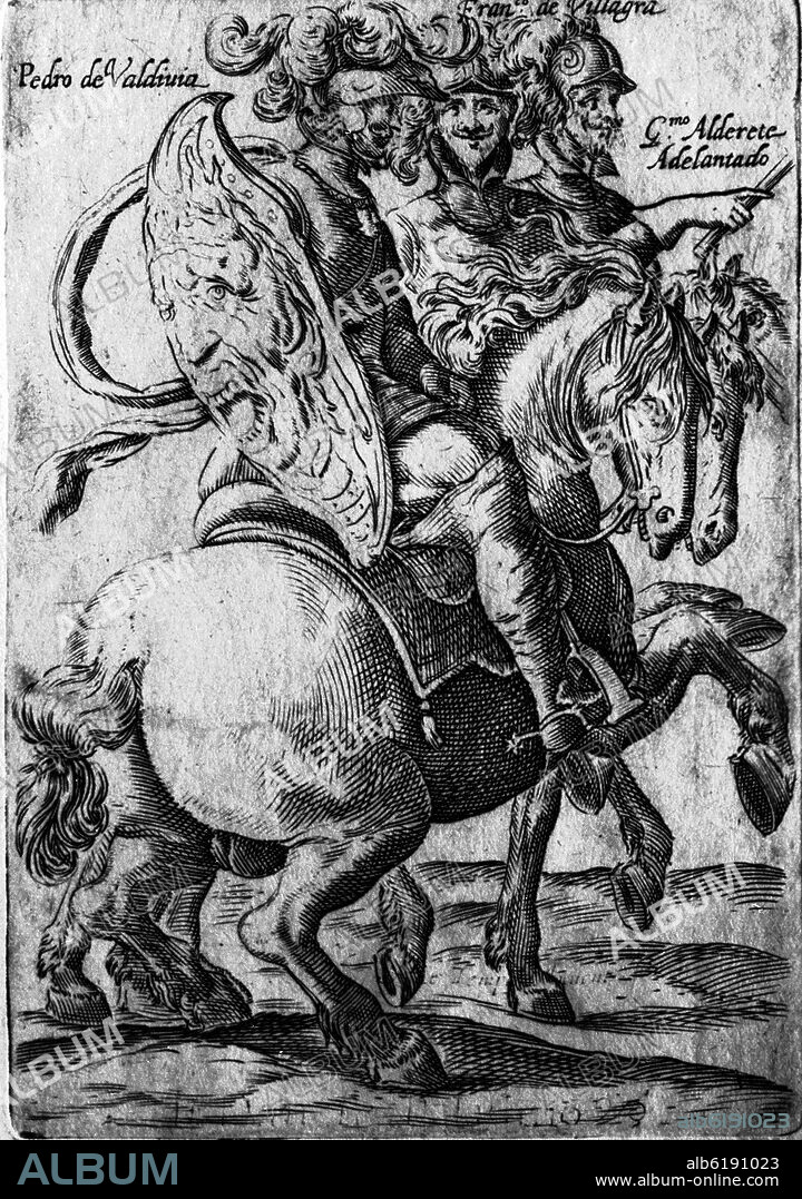 ALONSO DE OVALLE. GOBERNADORES DE CHILE - PEDRO DE VALDIVIA FRANCISCO DE VILLAGRA Y GERONIMO DE ALDERETE - GRABADO SIGLO XVII.
