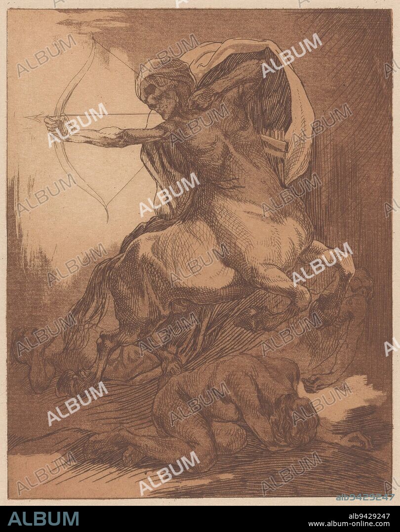 A running centaur with skull pointing his bow and arrow. Beneath him are the three naked bodies of collapsed men, Death as a centaur with a bow and arrow., print maker: Johannes Josephus Aarts, 1881 - 1934, paper, etching, h 214 mm × w 165 mm.
