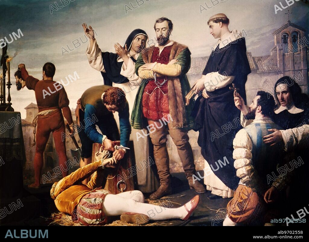 Comuneros: Juan de Padilla (1490-1521) Juan Bravo and Francisco Maldonado at the Scaffold, 1860 (oil on canvas). The execution of the Comuneros leaders after the defeat at Villalar, 23rd April 1521. by Gisbert, Antonio (1835-1901). in the Palacio de las Cortes, Madrid. ©2006 TopFoto.