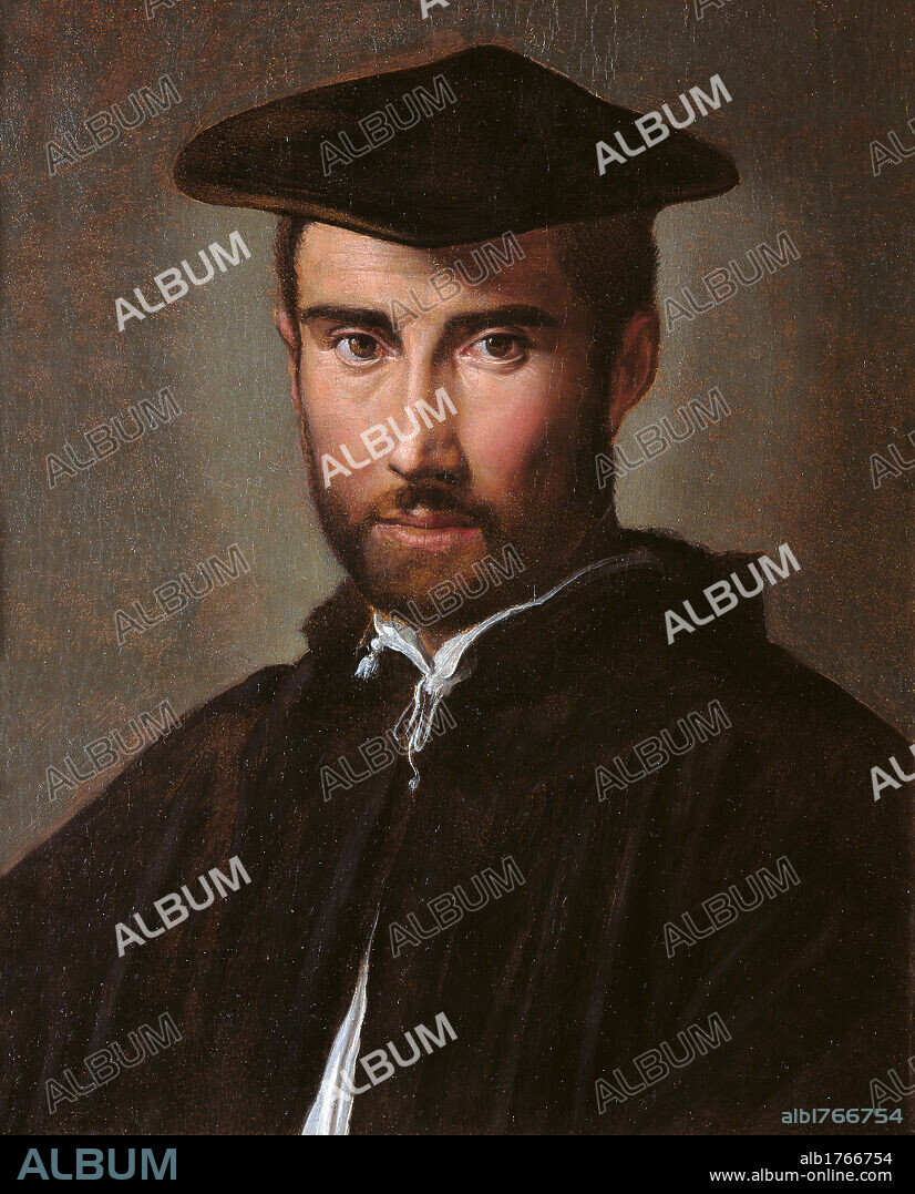 Portrait of a Man (Portrait of a Clergyman), by Francesco Mazzola known as Parmigianino, 1526 about, 16th Century, oil on panel, cm 52 x 42. Italy, Lazio, Rome, Borghese Gallery. All. Close up of an adult bearded man, his lips closed, his eyes sad. Black cap and mantle cloak, white shirt. Illuminated face on a gray background. Authorization required for non editorial use.