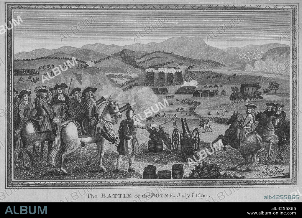 JOHN GOLDAR. 'The Battle of the Boyne. July 1st 1690', (1785). The Battle of the Boyne was fought between the English King James II, and the Dutch Prince William of Orange, who, with his wife, Mary II (his cousin and James's daughter), had overthrown James in England in 1688. The battle took place across the River Boyne near the town of Drogheda on the east coast of Ireland and resulted in a victory for William.
