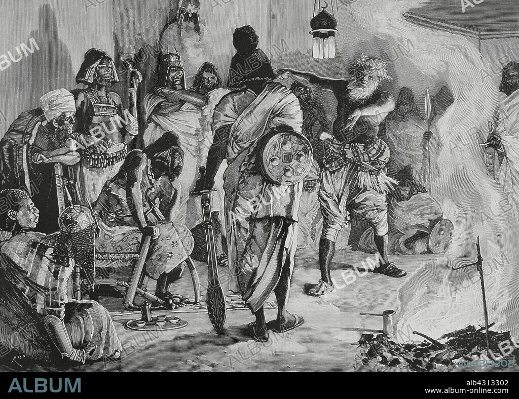 BERNARDO RICO (1825-1894). SPANISH PAINTER AND ENGRAVER.. Mahdist War (1881-1899). It faced the followers of Sudanese religious leader Muhammad Ahmad bin Abdullah bin Fahal, the self-proclaimed Mahdi, against Egyptian Khedivate troops, who were later joined by British forces. The Sudanese insurrection. Muslim dervish preaching holy war. Engraving by Bernardo Rico. La Ilustración Española y Americana (The Spanish and American Illustration), January 8, 1884.