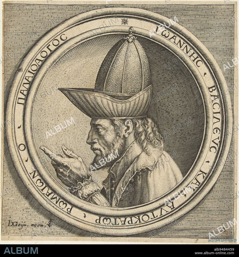 Bust of the Byzantine Emperor John VIII Paleologos (1391-1448), seen on the left, wearing a high headdress, in round frame with name in edge lettering (in Cyrillic script). This print is part of a series of four portraits after Italian Renaissance medals., Portrait of John VIII Palaiologos Four portraits after Italian Renaissance medals (series title), print maker: Jacob de Gheyn (II), (workshop of), Antonio Pisanello, publisher: Claes Jansz. Visscher (II), (mentioned on object), print maker: Netherlands, publisher: Amsterdam, 1593 - 1597, paper, engraving, h 112 mm × w 109 mm.
