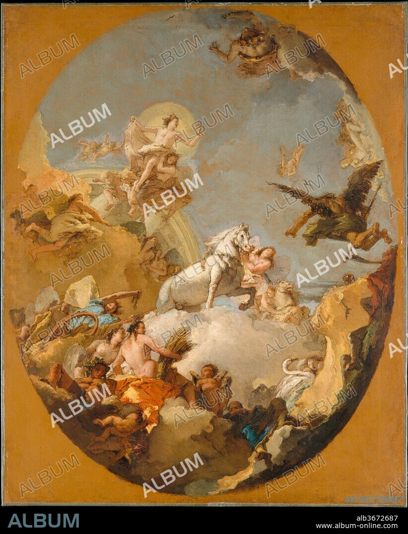The Chariot of Aurora. Artist: Giovanni Battista Tiepolo (Italian, Venice 1696-1770 Madrid). Dimensions: 35 1/2 x 28 5/8 in. (90.2 x 72.7 cm). Date: 1760s.
Aurora, in her chariot, is accompanied by the Hours and heralded by Apollo; Time is on the right. Also recognizable are Ceres, with a sheaf of wheat, and Bacchus, wearing a crown of vine leaves. The sketch may have been presented as a proposal by Tiepolo for the decoration of a ceiling in the Palacio Real in Madrid. Tiepolo was summoned to Spain in 1762 to decorate the throne room; a ceiling on this theme was painted in the queen's bedroom in 1763 by the artist's German rival, Anton Raphael Mengs.