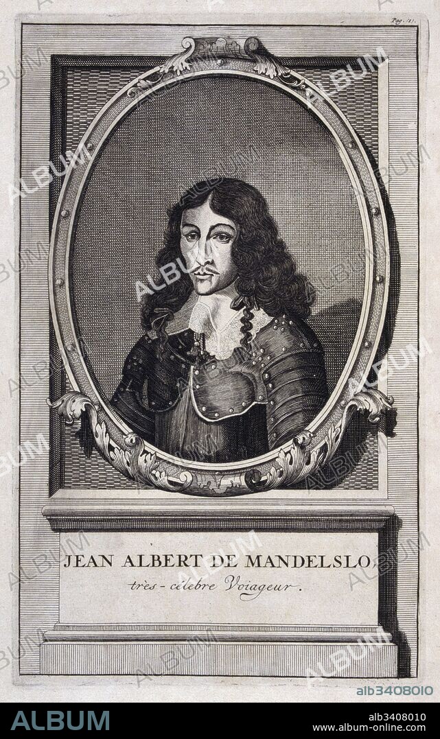 Portrait of  Johan Albrecht de Mandelslo (1616–1644). seventeenth-century German adventurer, who wrote about his travels through Persia and India. From his book 'voyages made to Persia and India' 1727.