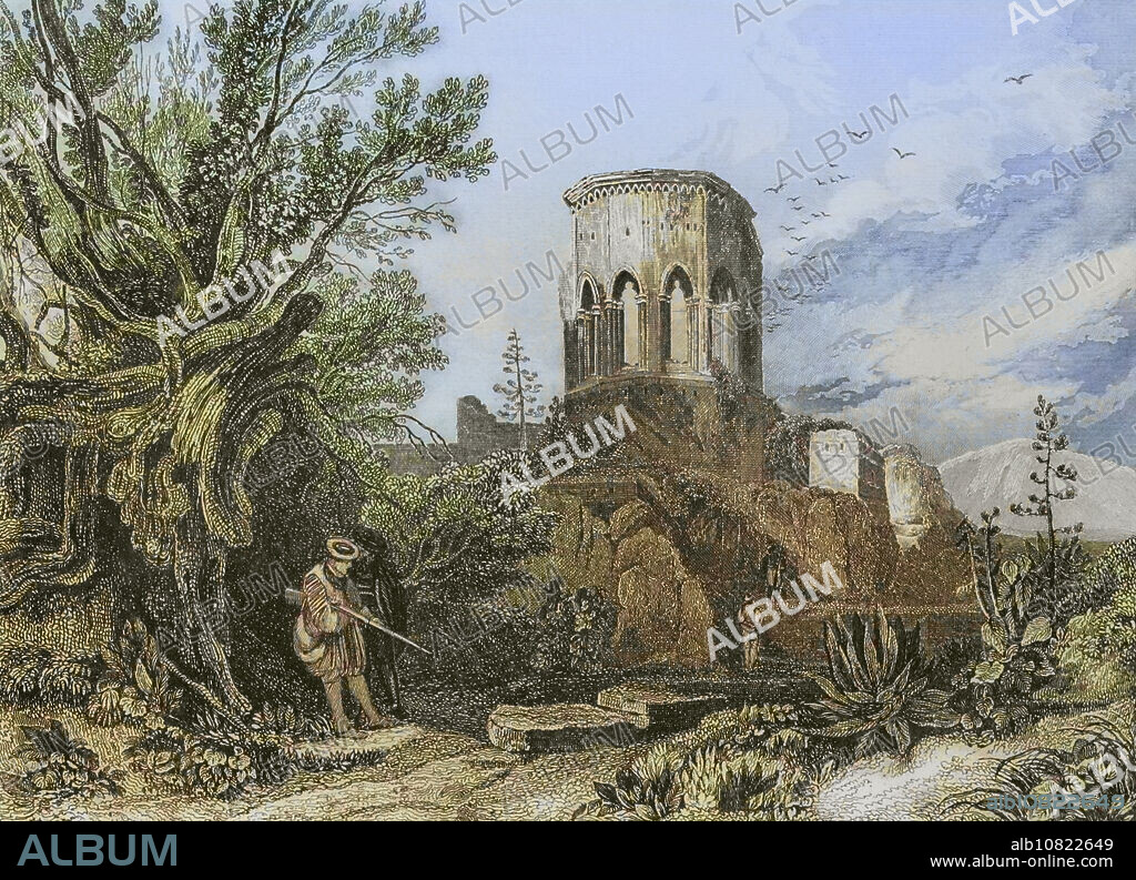 Samaria. Ruinas de la ciudad en la región montañosa de la antigua Canaán. Grabado por Aubert. Coloreado. "La Tierra Santa y los lugares recorridos por los profetas, por los apóstoles y por los cruzados". Publicada en Barcelona, imprenta de Joaquín Verdaguer, 1840.